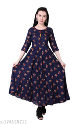Rayon printed Meesorra Long Kurti, three-quarter sleeves, vibrant Indian print for all sizes M, L, XXXL