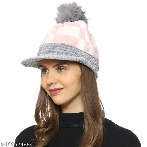 Woolen Ambitieux Combo women's beanie cap with visor (inside fur), self-design, winter-ready for Autumn-Winter season. Pack of 2 pairs