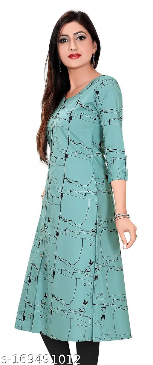 Mint green cotton abstract printed front-slit long kurti with 3/4th sleeves and round neck, available in sizes XS to XXXL from GMK Fashions