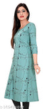 Mint green cotton abstract printed front-slit long kurti with 3/4th sleeves and round neck, available in sizes XS to XXXL from GMK Fashions