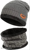 Grey wool beanie cap with fur lining and matching scarves muffler, winter combo for all adults