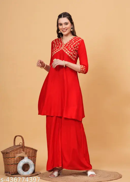 Rayon Women's Solid Printed Cotton SararaSet Kurta & Palazzos - Stylish Indian ethnic wear for everyday comfort and fashion, India origin