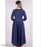 Women's yellow rayon A-line embroidered kurti with three-quarter sleeves, featuring intricate designs. Available in sizes S-XXXXL. Made in India