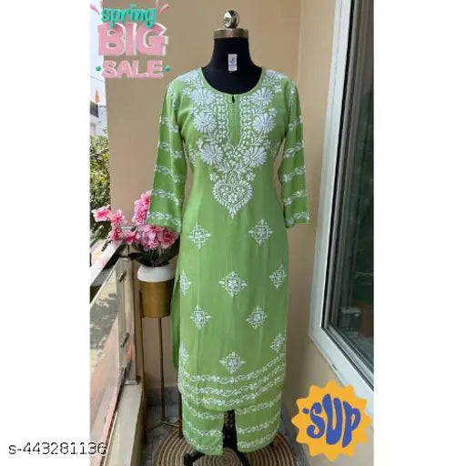 Rayon Chikankari printed kurta and pants set with three-quarter sleeves, India origin