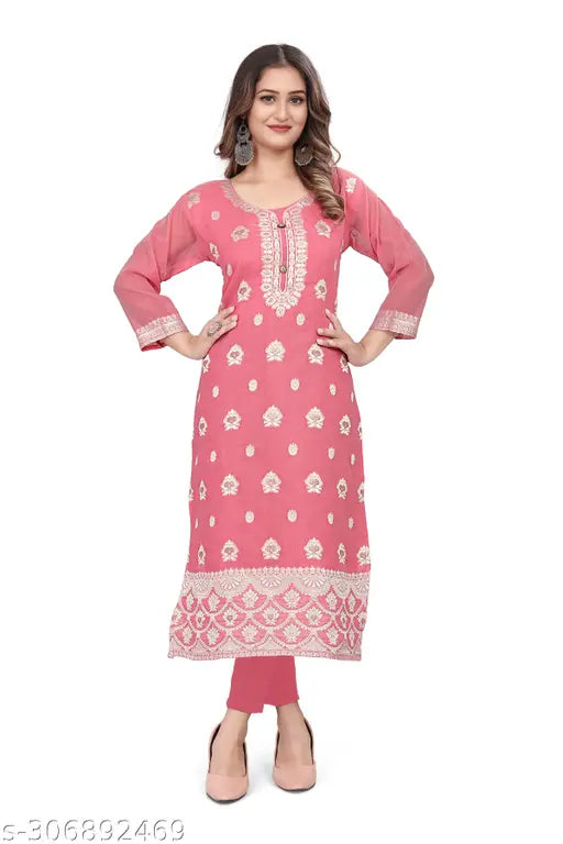 Pink A-Line Straight Cotton Kurti, embroidered with three-quarter sleeves, popular traditional Indian women's garment