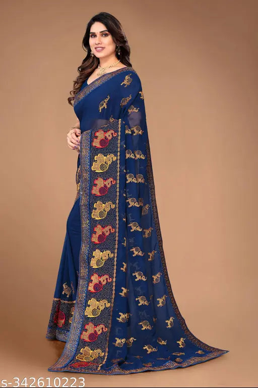 New Fancy Georgette Zari Work Saree with Blouse, Indian traditional clothing in single size, Hathi print on Georgette fabric