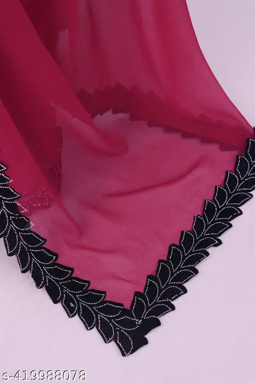 Heavy Bollywood Georgette Saree(Cherr) - White sequin blouse with all-over bead work, Indian party wear