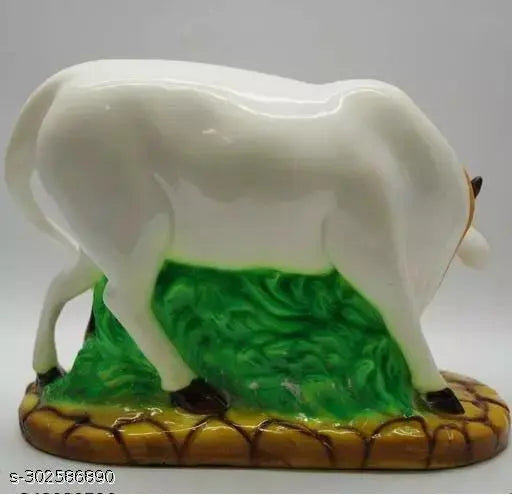 White and green polyresin Cow N Calf Idol Kamdhenu, Mount Nandi God Statue (12cm x 7cm x 10cm) - Feng Shui showpiece for spiritual home decor