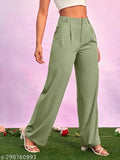 Cotton blend, dark green solid trousers - high quality, breathable, versatile women's fashion. (India)