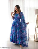 Georgette printed medha gown set with matching dupatta, three-quarter sleeves, Indian origin