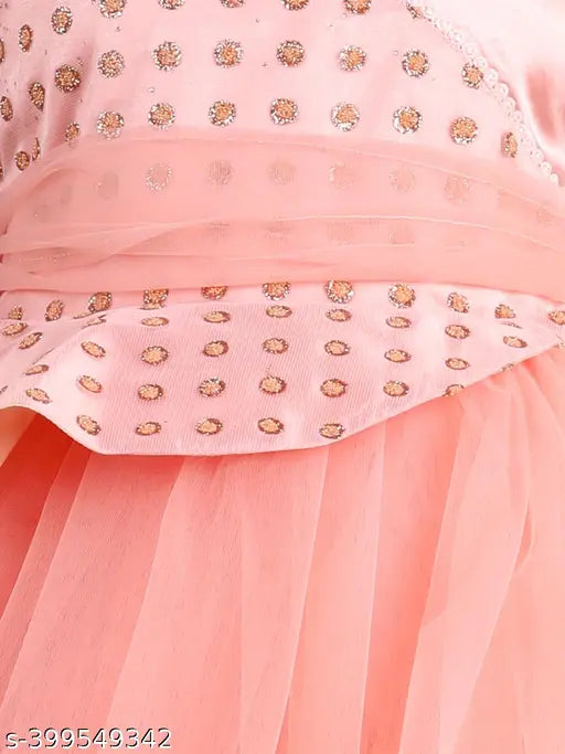 Peach net embellished party dress for girls aged 1-2 years, featuring toy balloon print and full length design