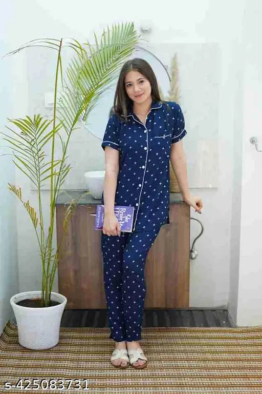 Blue rayon print nightgown with short sleeves, crafted from breathable fabric for comfort and ease of care
