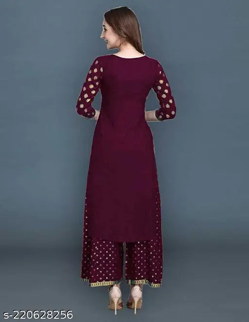 Maroon Viscose Rayon Kurta & Palazzos Set - Printed Net, premium quality Indian fashion