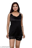 Black satin sleepwear set, women's solid night suit top & shorts for comfortable and chic lounge wear