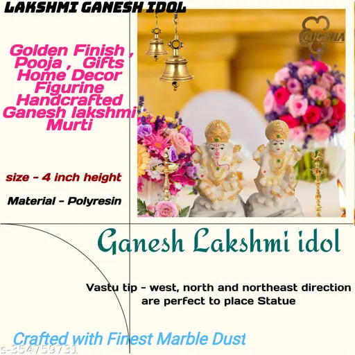Multicolor poly resin Lakshmi Ganesh statues, 10cm tall; ideal for Diwali Pooja, home decor, and festivals