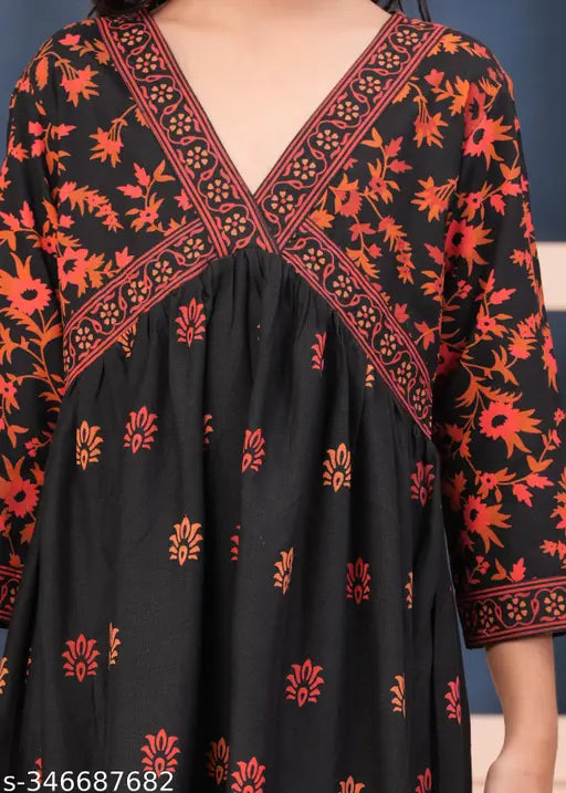 Rayon printed net kurti for girls, three-quarter sleeves, Flawsome Fancy Girls brand, size 7-11 years, Indian origin