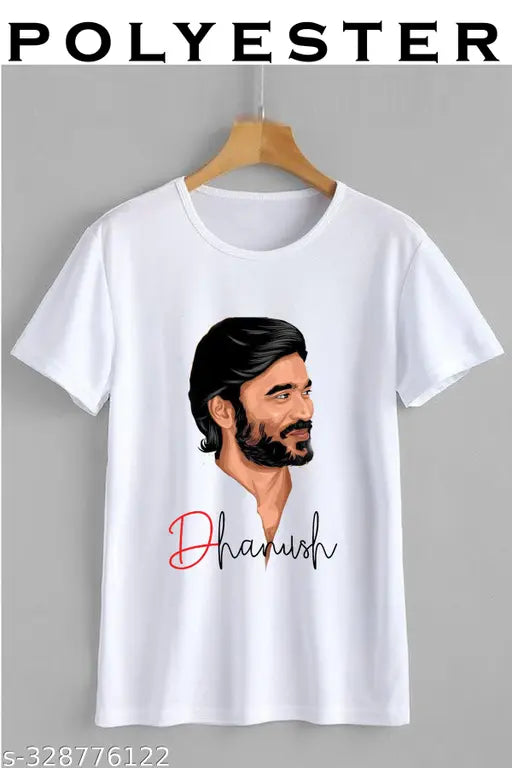 Printed polyester Dhanush Hero t-shirt, short sleeves, Indian origin, menswear on hanger