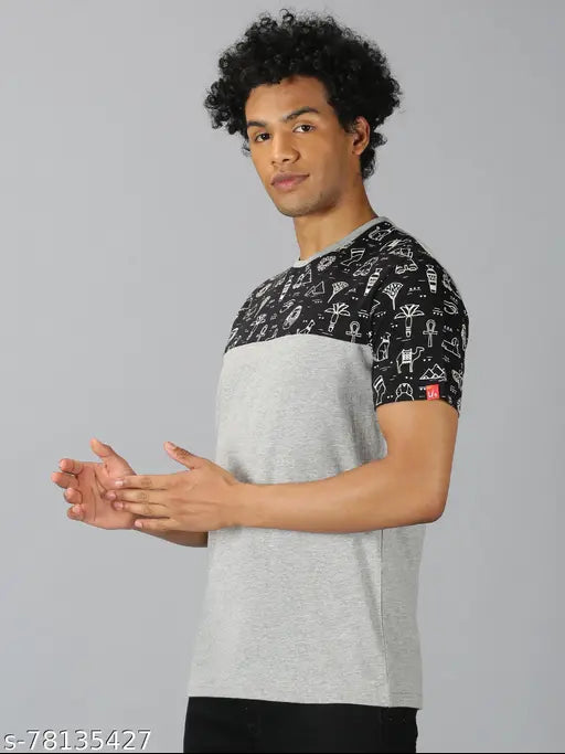 Colorblocked Grey Melange Cotton T-Shirt, men's short sleeve, soft and breathable, India origin