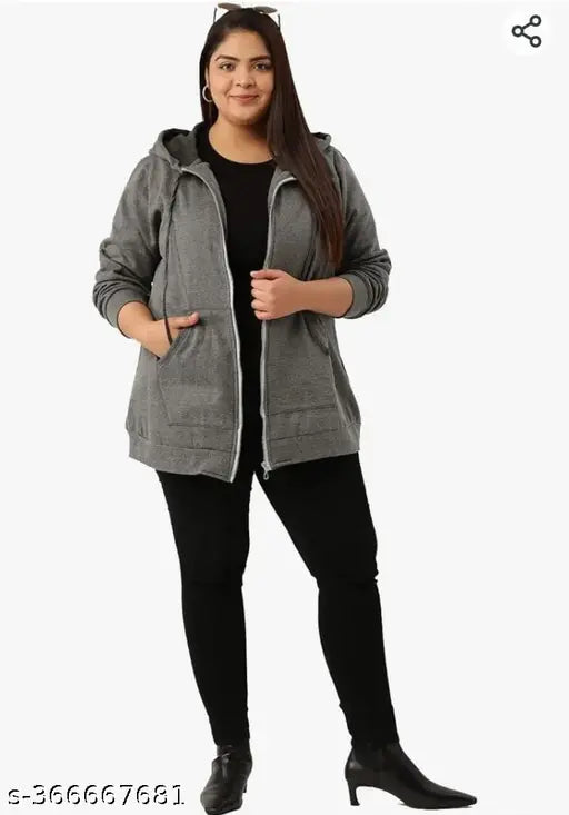 Stylish plus-size dark grey fleece zipper hoodie, ideal for women and girls. Solid design, long sleeves, available in sizes XXL, XXXL, 4XL (India)