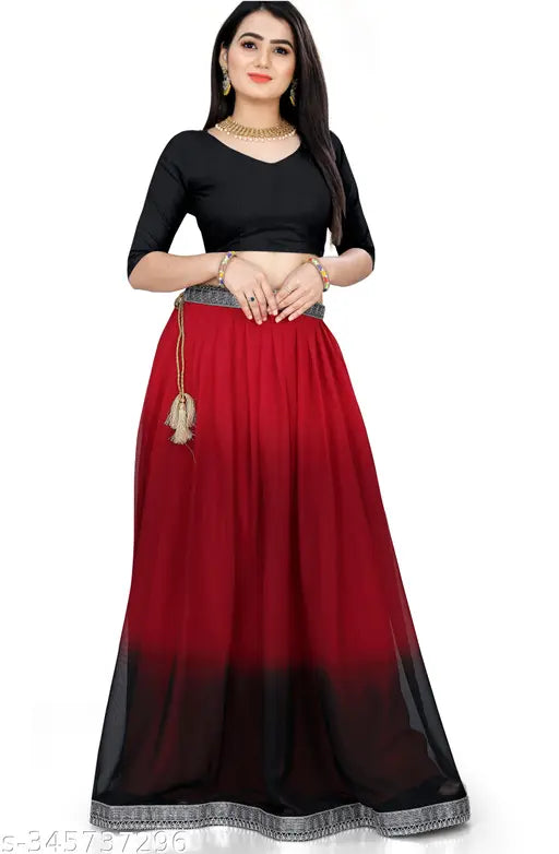 Georgette colorblocked net women's skirt with lace waistband, casual party wear for free size (waist 42in, length 44in, hip 44in), Indian origin