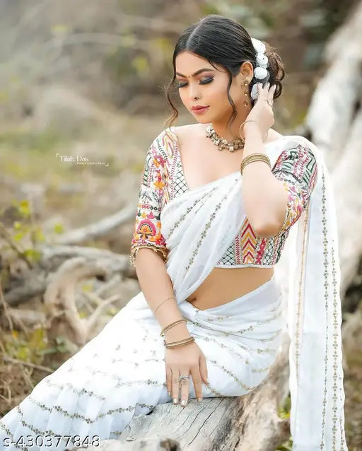 White sequin and zari embroidered Georgette saree with embellished blouse, elegant Indian party wear for women