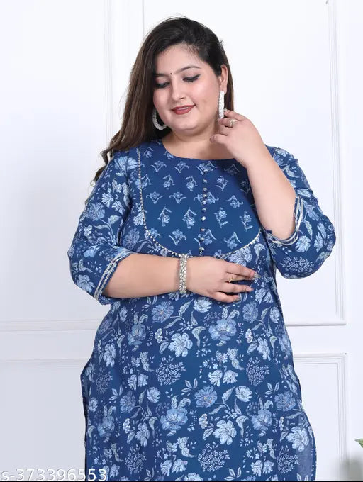 Blue floral print plus size cotton straight kurta, three-quarter sleeves, India origin