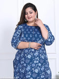 Blue floral print plus size cotton straight kurta, three-quarter sleeves, India origin