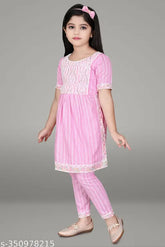 Pink Rayon A-line Naira Dress set (2pcs), Indian ethnic design for girls party wear, knee length, three-quarter sleeves
