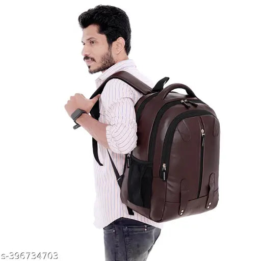 Large faux leather backpack, durable for men & women's laptops, water-resistant, multiple storage compartments, organizer pockets, padded straps - made in India