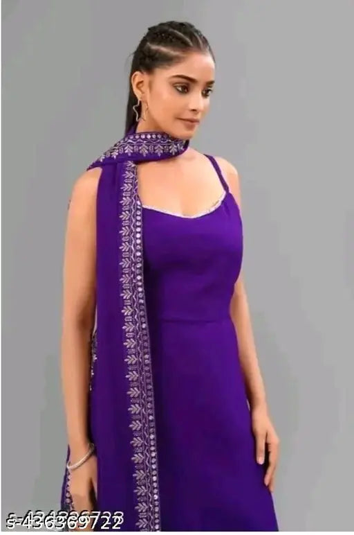Purple embroidered Georgette A-Line kurta set with trousers and dupatta, sleeveless, single piece, size M, Indian handcrafted embroidery work on display