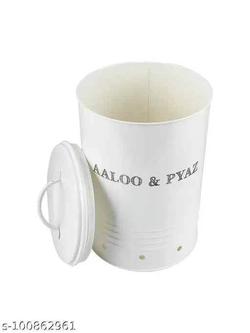 White mild steel Aloo & Pyaz storage jar, cylindrical ring design, BPA-free kitchen organizer for vegetables, pack of 1