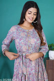 Turquoise floral print cotton anarkali kurta for women, three-quarter sleeves, tiered and belted, India