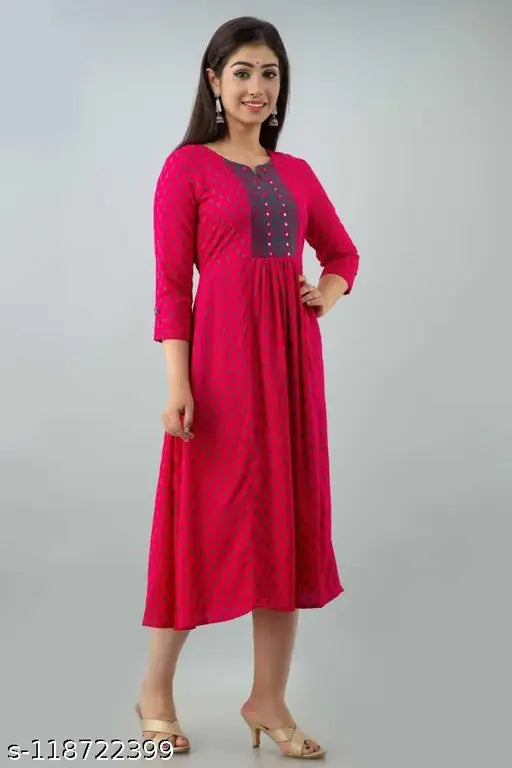 Rayon Buti Print Anarkali Kurtis with three-quarter sleeves and embroidery, Rani color for women's fashion, Indian origin