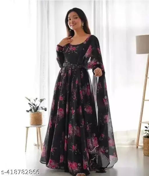 Georgette printed long-sleeve women's gown, Indian formal-wear for casual or wedding events
