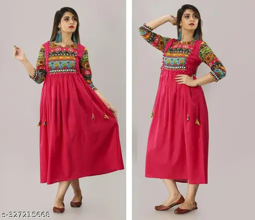 Rayon full printed long Anarkali kurti with three-quarter sleeves, solid combo design. S-5XL sizes available. Indian traditional women's clothing on mannequin