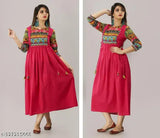 Rayon full printed long Anarkali kurti with three-quarter sleeves, solid combo design. S-5XL sizes available. Indian traditional women's clothing on mannequin