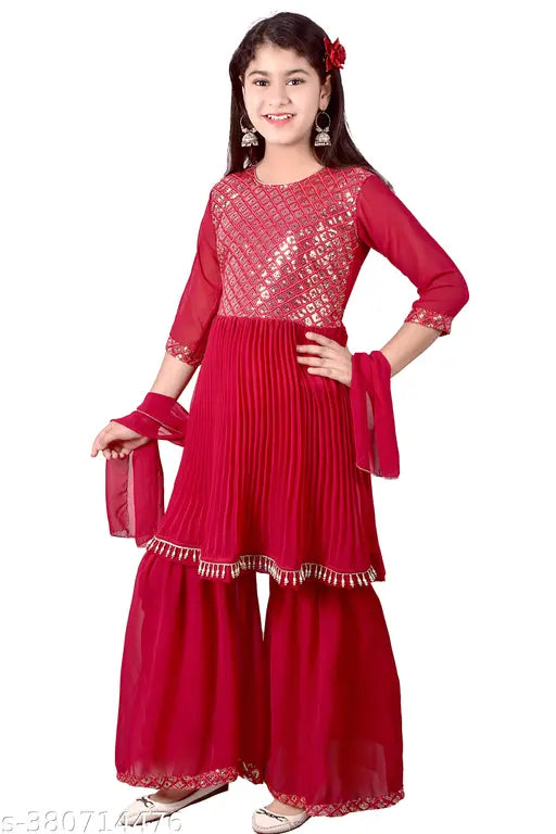 Embellished A-line Georgette Sharara set for girls, traditional Indian outfit with dupatta