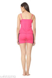 Dark pink satin nightsuit for women, solid pattern, sleeveless with short shorts, available in sizes S-XL, made in India