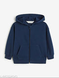 Navy solid cotton blend kids' hoodie with long sleeves, zip front, and kangaroo pockets. Soft brushed inside, ribbing around cuffs and hem. Available sizes: 3-4 Years (Chest Size: 24in, Length Size: 17in), 5-6 Years (Chest Size: 26in, Length Size: 19in), 7-8 Years (Chest Size: 28in, Length Size: 20in), 9-10 Years (Chest Size: 30in, Length Size: 20in), 11-12 Years (Chest Size: 32in, Length Size: 22in), 13-14 Years (Chest Size: 34in, Length Size: 24in). Made in India