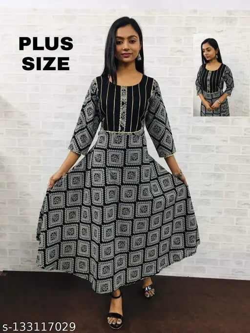 Plus size, soft cotton flared gown by ZP Brand in checked pattern, three-quarter sleeves, XXL (Bust 44in, Length 52in), Indian origin, 100% quality