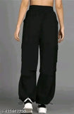 Stylish designer polyester solid-colored women's trousers in sizes S, M, L, XL (S: 28in/37in/30in, M: 30in/37in/31in, L: 32in/37in/32in, XL: 34in/37in/33in)
