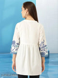 Natural Fashion white rayon embroidered net empire top with three-quarter sleeves, size N, from India on mannequin