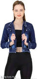 Dark denim women's 3 patti jacket, solid pattern, long sleeves, enhances wardrobe versatility