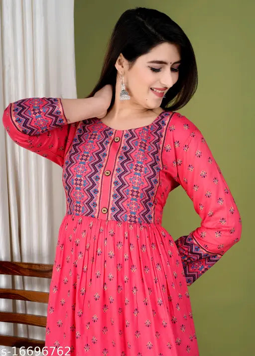 Printed viscose rayon long sleeve gown, vibrant festival fashion on mannequin