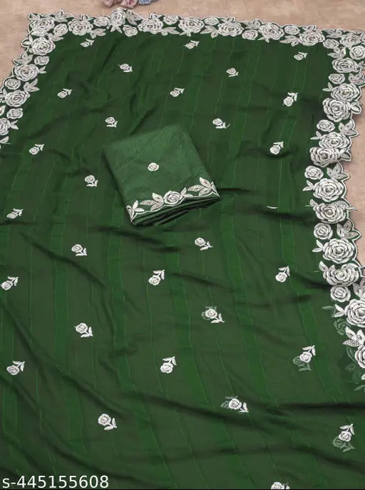 Radiant Floral Fantasy sequinned thread work sari with blouse, self-design embroidered Georgette and Satin fabric, Indian craftsmanship for special occasions