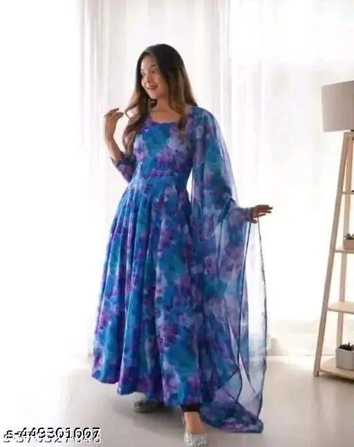 New designer faux georgette long kurti with dupatta for women, printed net three-quarter sleeves, M (38in/52in/28in/38in), Indian fashion accessory on hanger