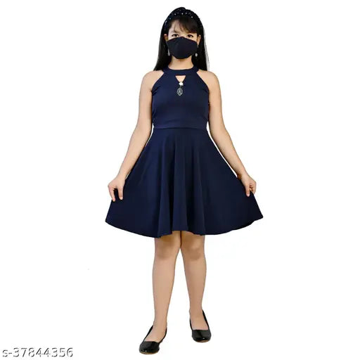 Navy cotton blend dress with matching navy mask, sleeveless fit and flare style for girls aged 5-13 years, Indian origin