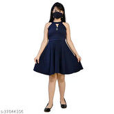 Navy cotton blend dress with matching navy mask, sleeveless fit and flare style for girls aged 5-13 years, Indian origin