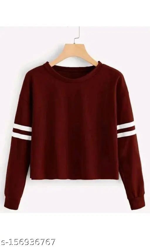 Striped solid cotton blend long sleeve women's round neck t-shirt, perfect for Indian summer