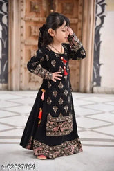 Gril Black Rayon long-sleeve printed kurti for kids (ages 3-13), India origin